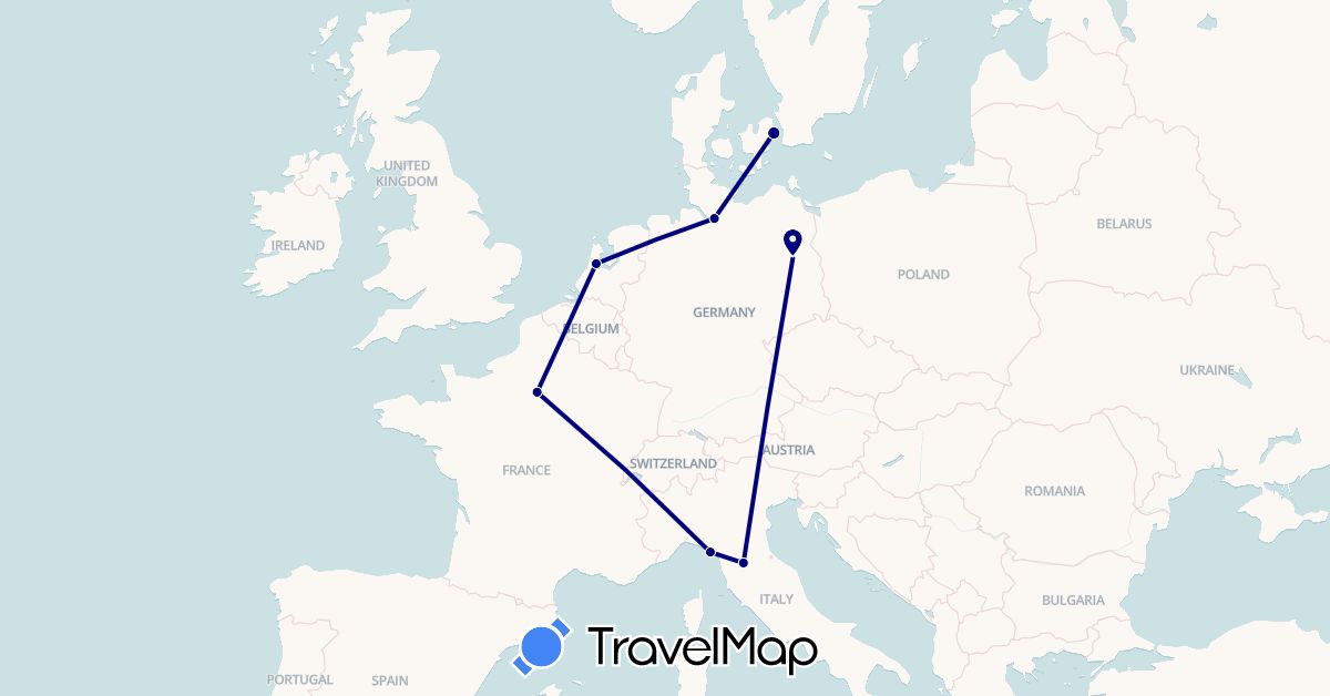 TravelMap itinerary: driving in Germany, Denmark, France, Italy, Netherlands (Europe)